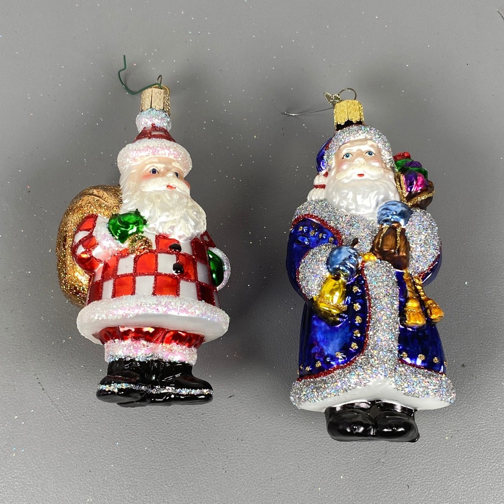 Old World Christmas Glass Santa Ornaments Set of 2 Red Blue Checkered Glitter